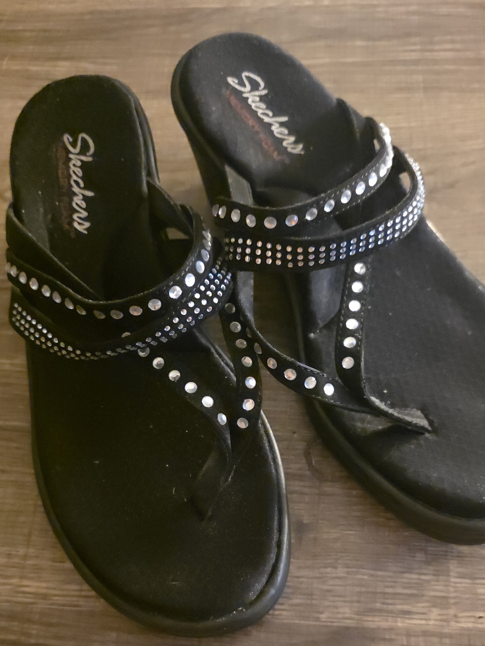 Skechers Black Slip-On Rhinestone Thong Sandals